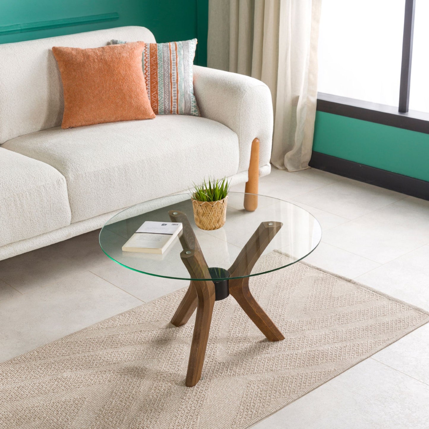 Round Glass Coffee Table with Solid Wood Butterfly Legs