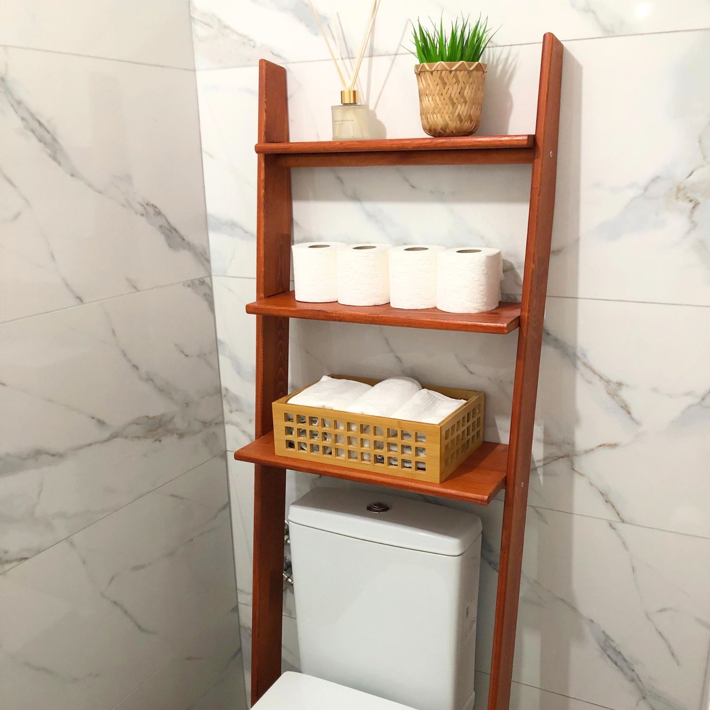 Solid Wood Over the Toilet Ladder Shelf