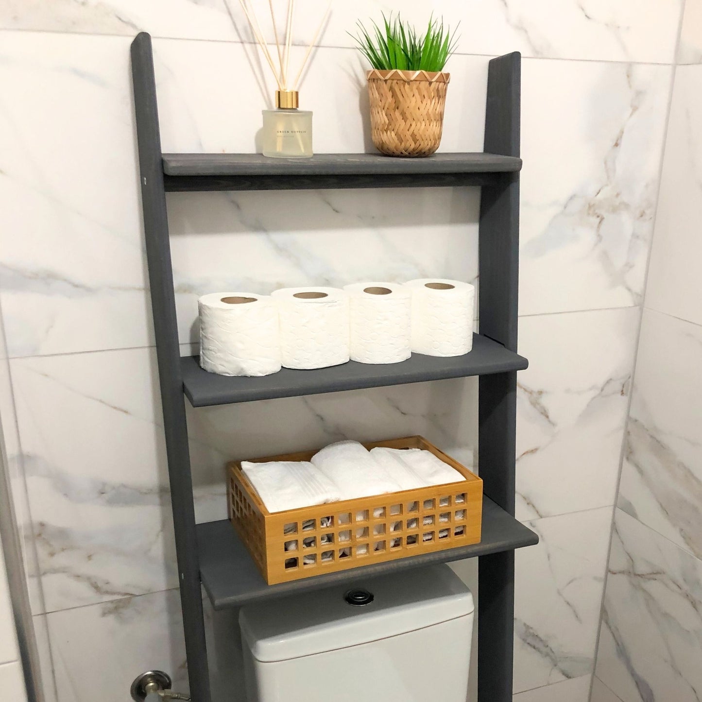 Solid Wood Over the Toilet Ladder Shelf