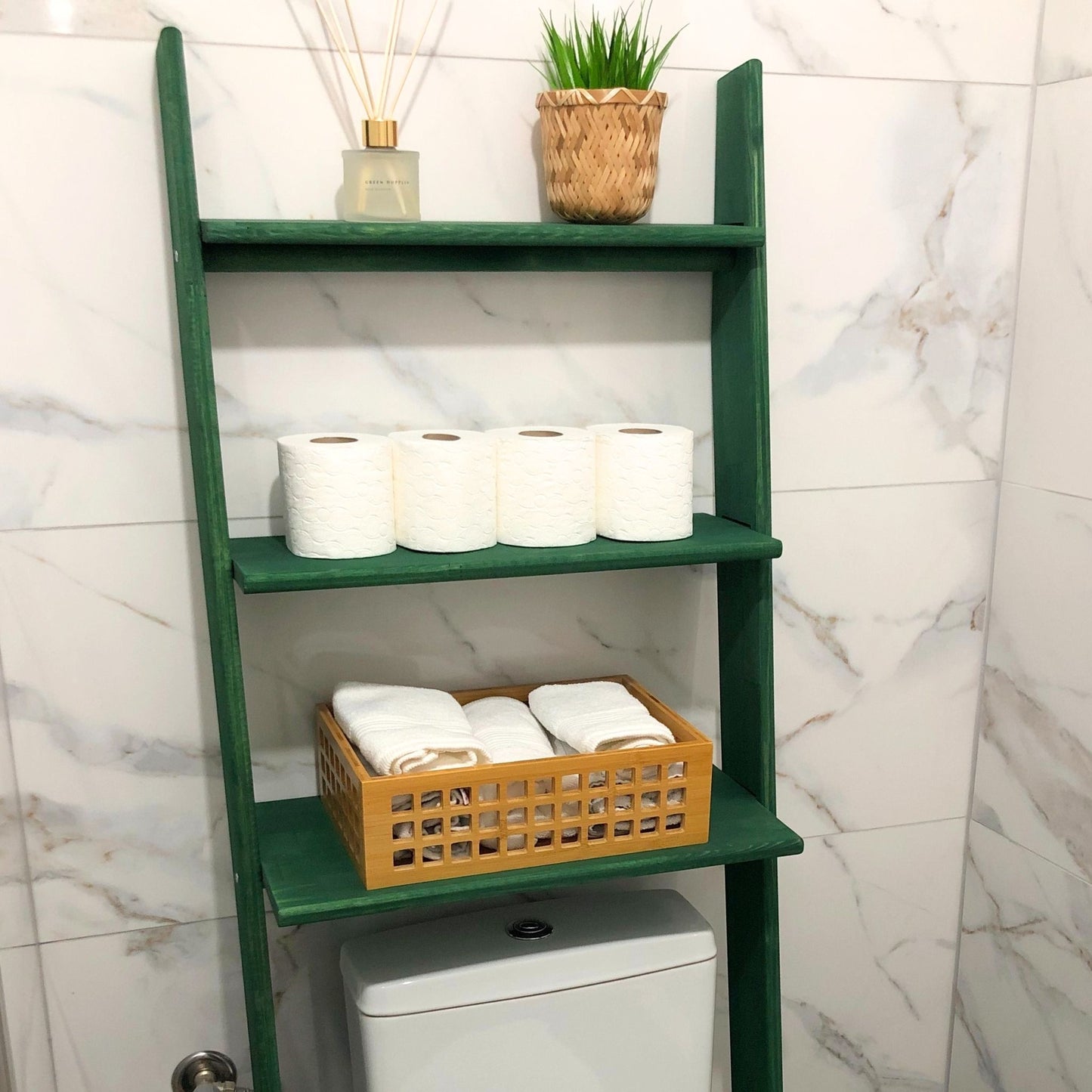 Solid Wood Over the Toilet Ladder Shelf