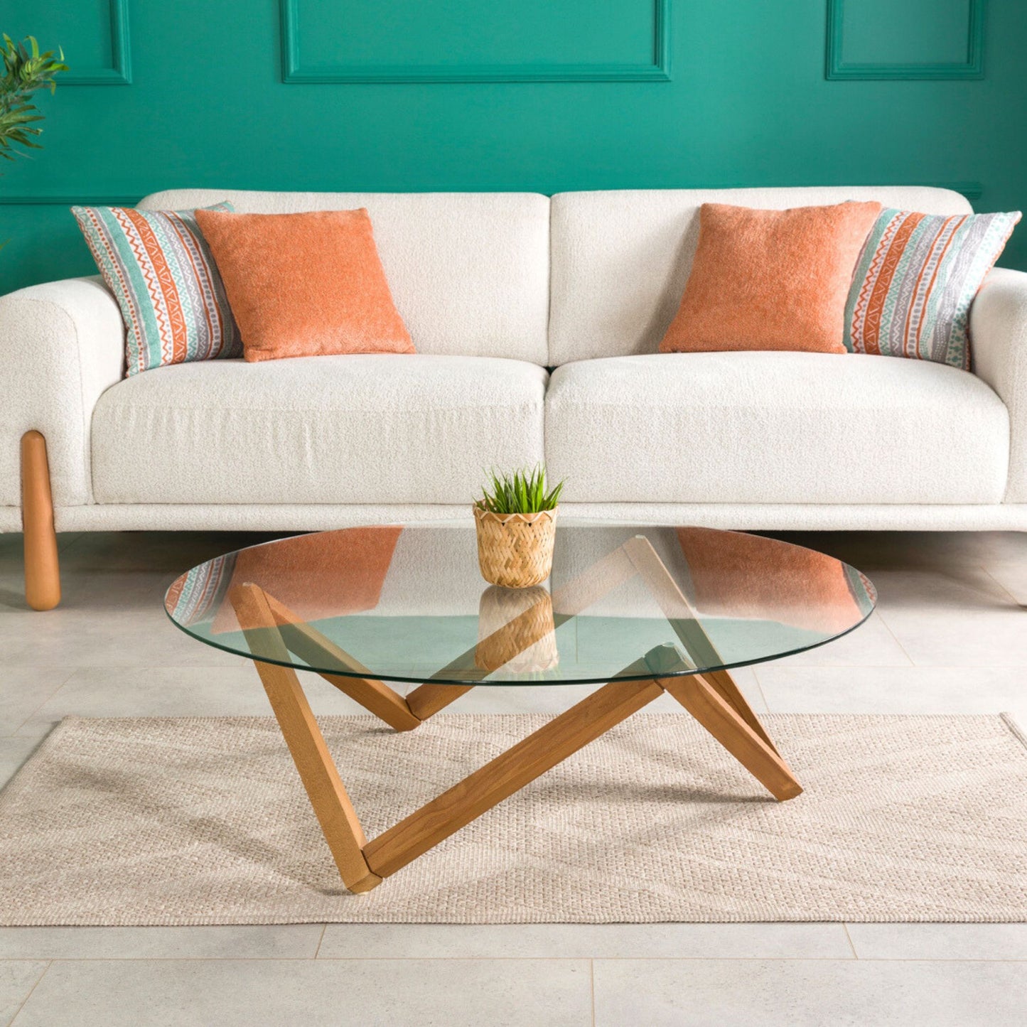 Round Glass Coffee Table with Solid Wood Prismatic Legs