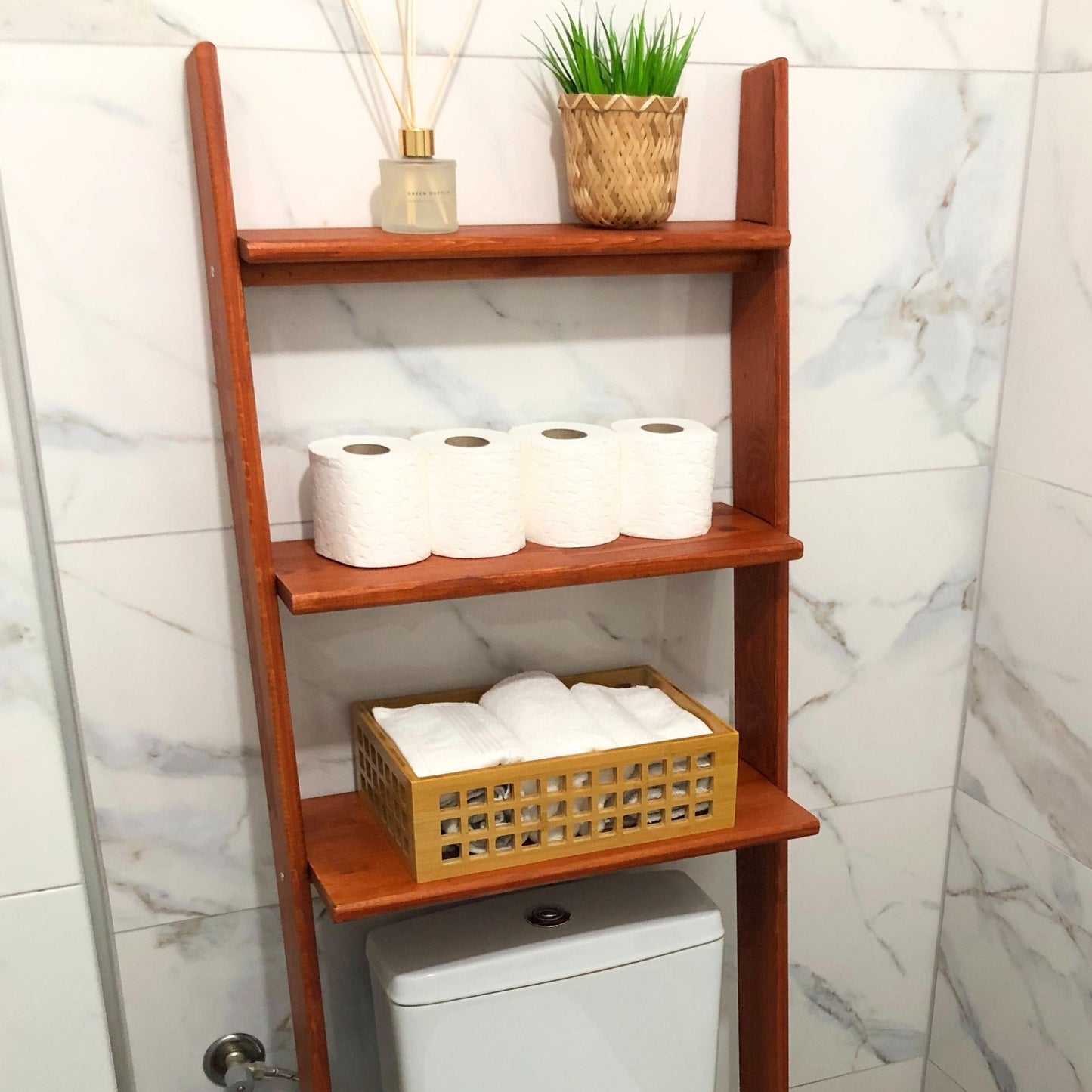 Solid Wood Over the Toilet Ladder Shelf