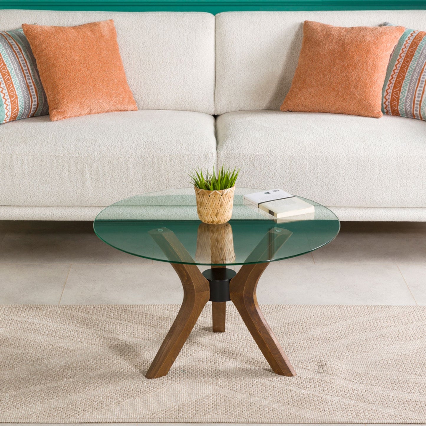 Round Glass Coffee Table with Solid Wood Butterfly Legs
