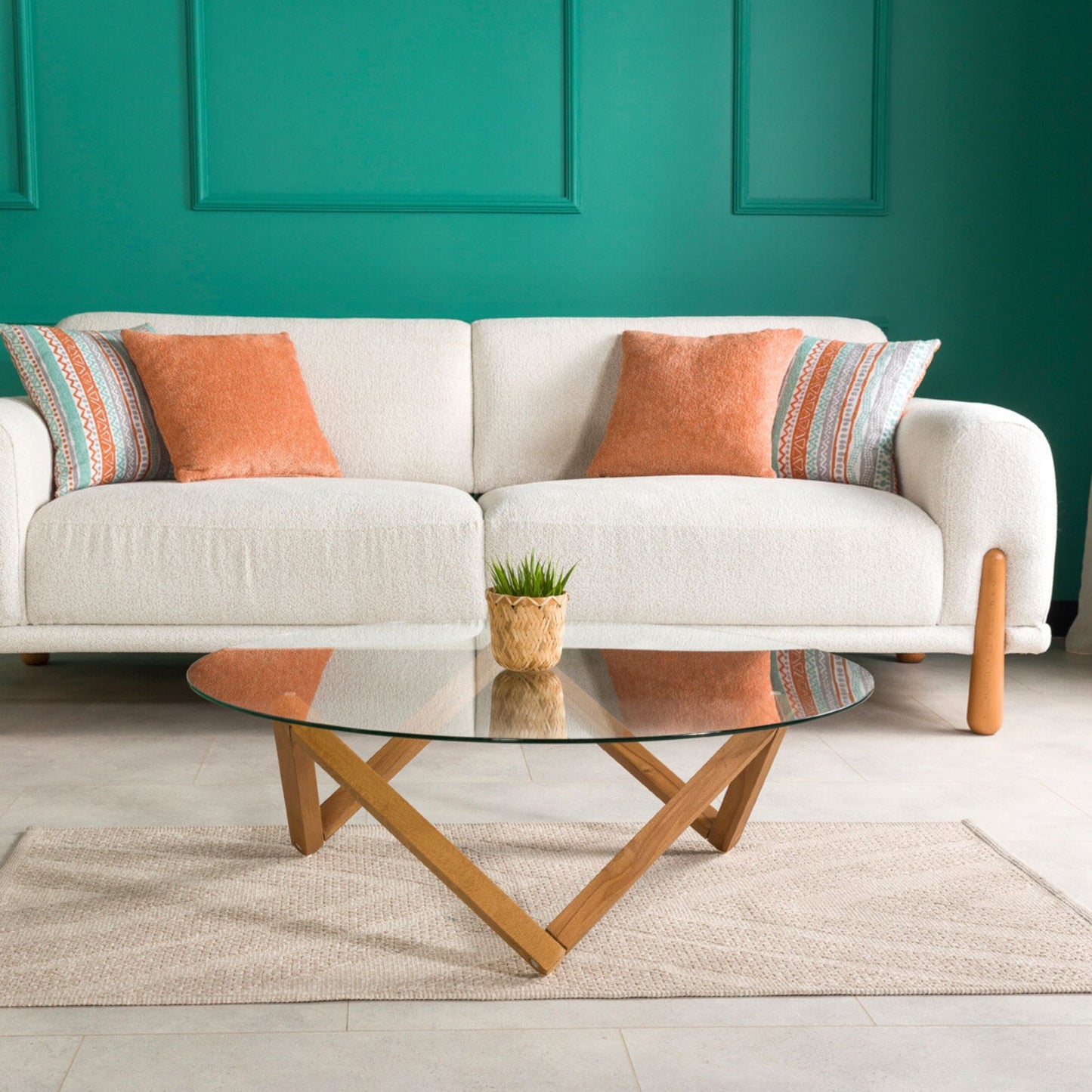 Round Glass Coffee Table with Solid Wood Prismatic Legs