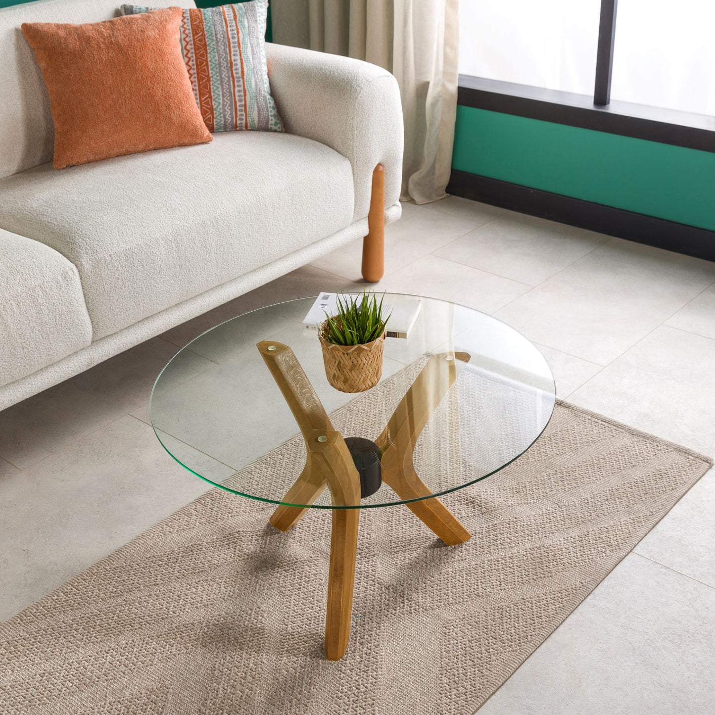 Round Glass Coffee Table with Solid Wood Butterfly Legs