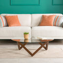 Round Glass Coffee Table with Solid Wood Prismatic Legs