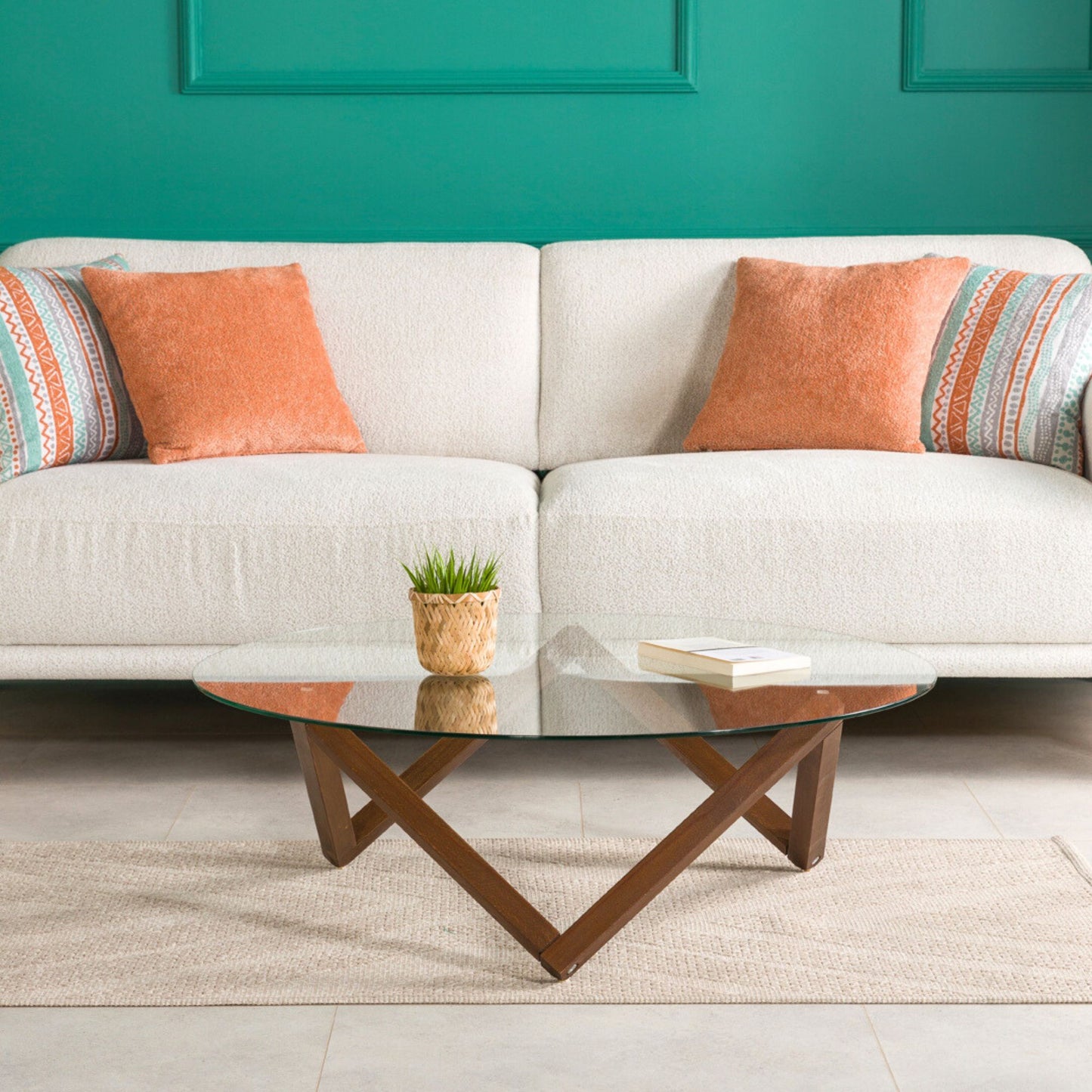 Round Glass Coffee Table with Solid Wood Prismatic Legs