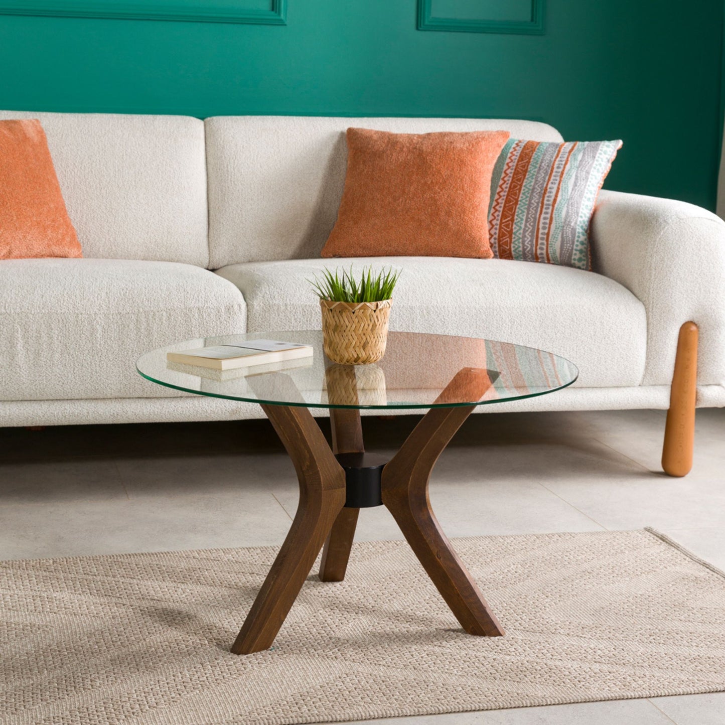 Round Glass Coffee Table with Solid Wood Butterfly Legs