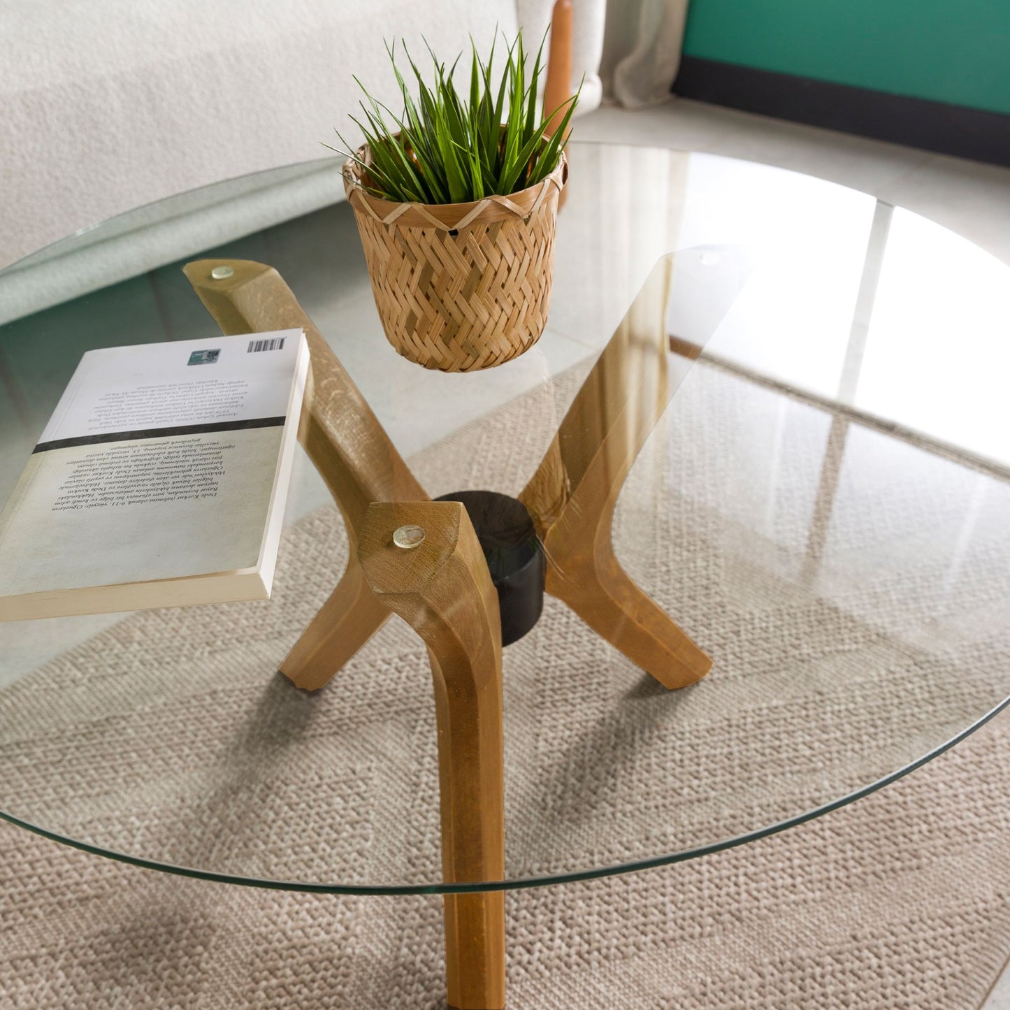 Round Glass Coffee Table with Solid Wood Butterfly Legs