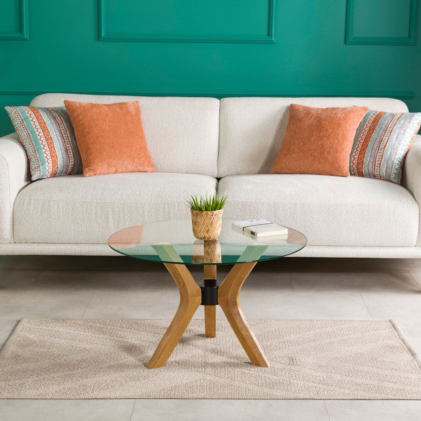 Round Glass Coffee Table with Solid Wood Butterfly Legs