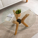 Round Glass Coffee Table with Solid Wood Butterfly Legs