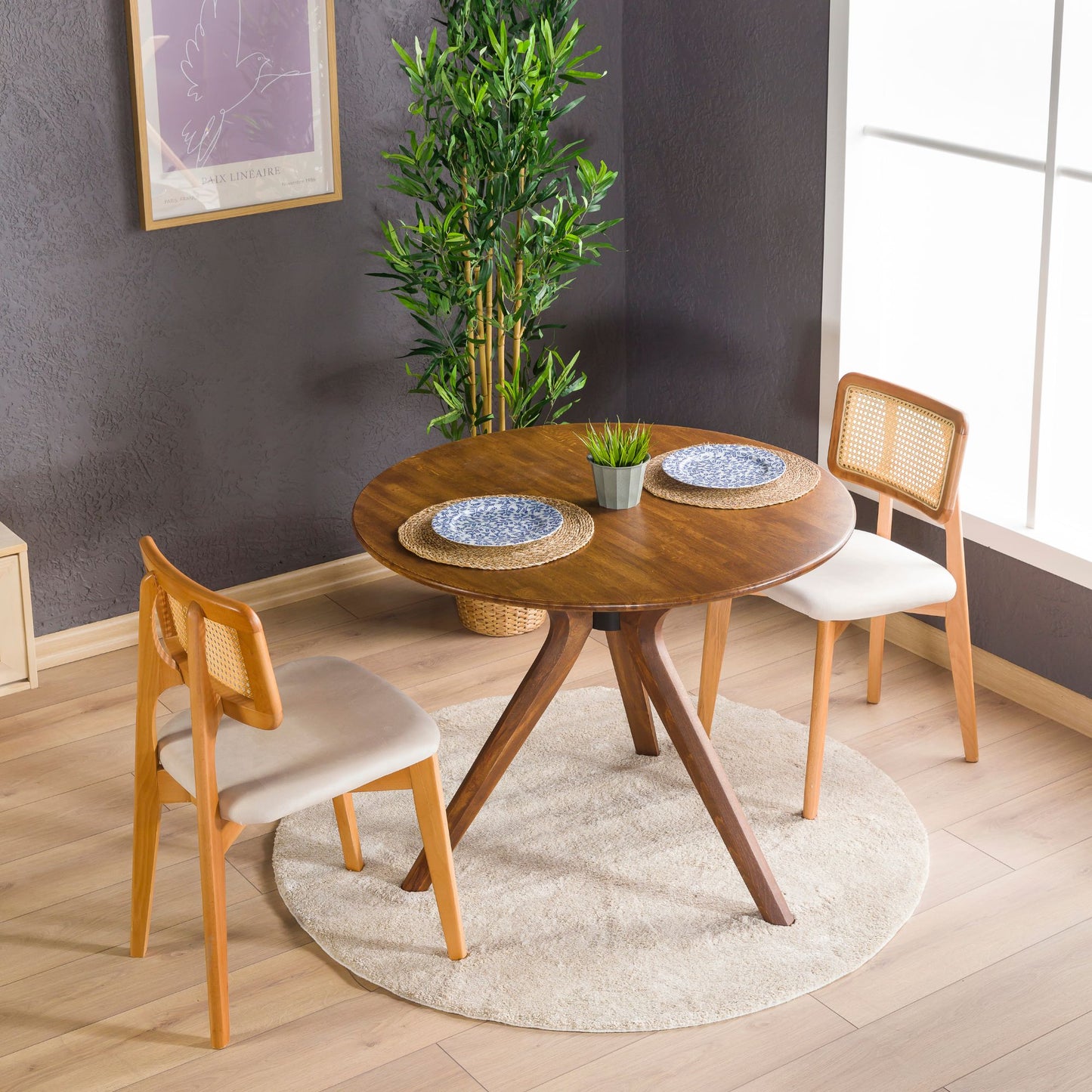 Solid Oak Round Dining Table with Wooden Butterfly Legs