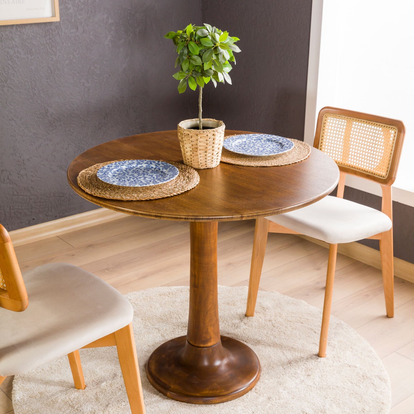 Solid Oak Round Dining Table with Wooden Tulip Legs