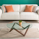 Round Glass Coffee Table with Solid Wood Prismatic Legs