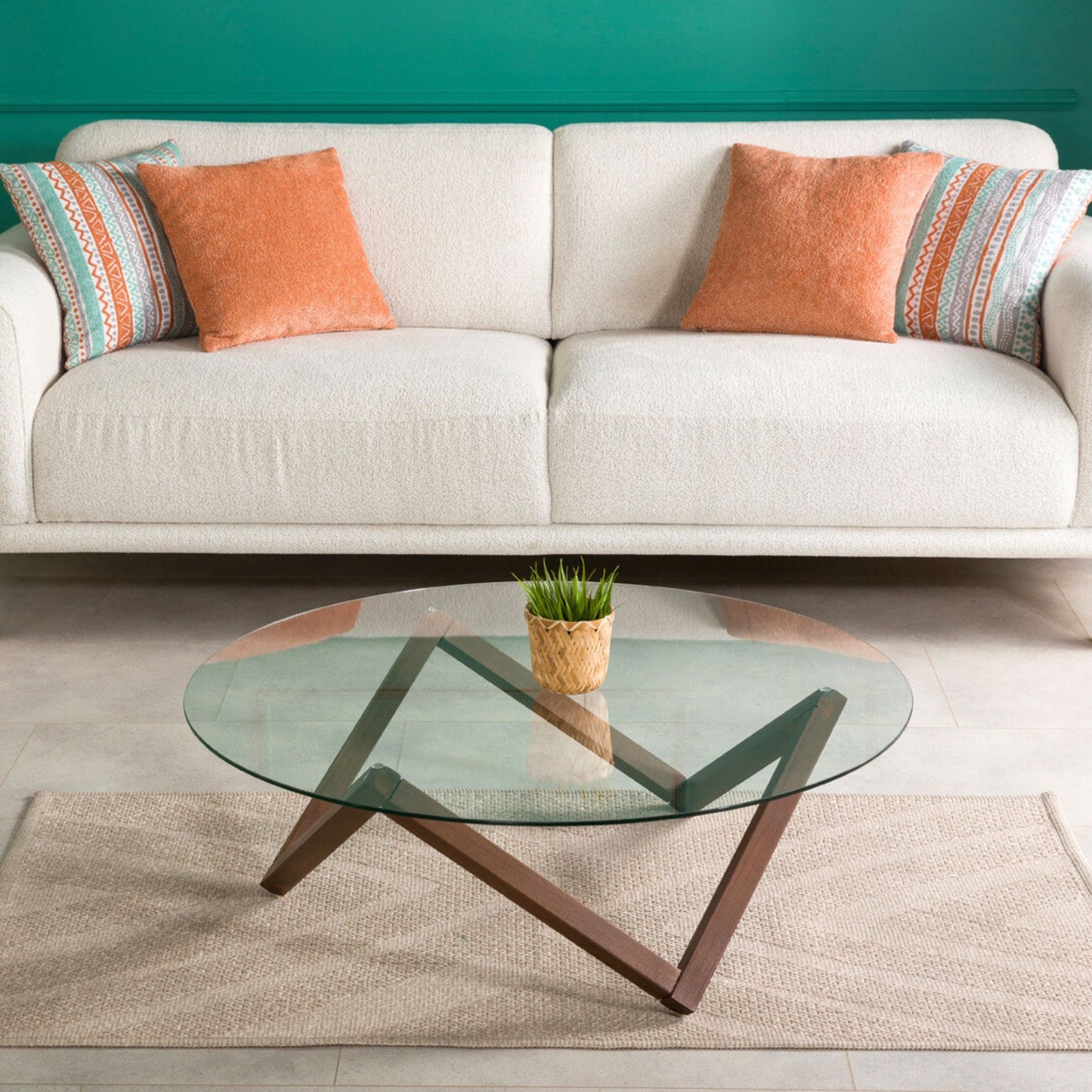 Round Glass Coffee Table with Solid Wood Prismatic Legs
