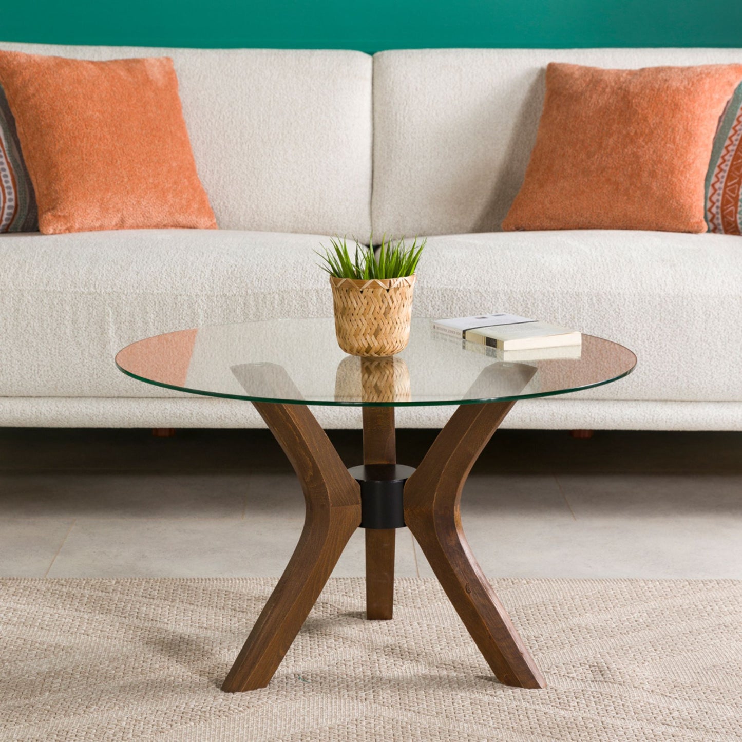 Round Glass Coffee Table with Solid Wood Butterfly Legs