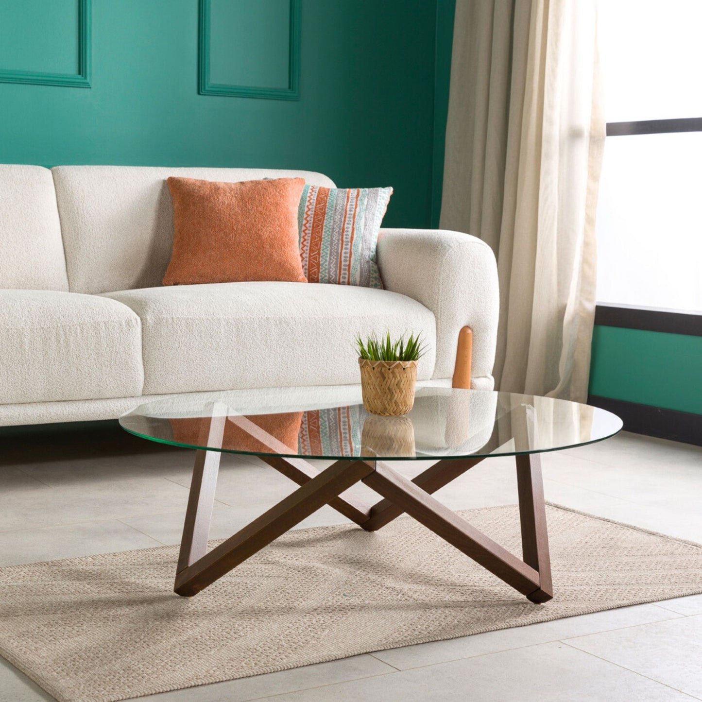 Round Glass Coffee Table with Solid Wood Prismatic Legs
