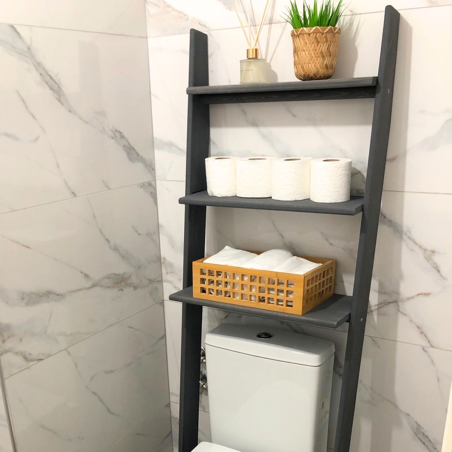 Solid Wood Over the Toilet Ladder Shelf