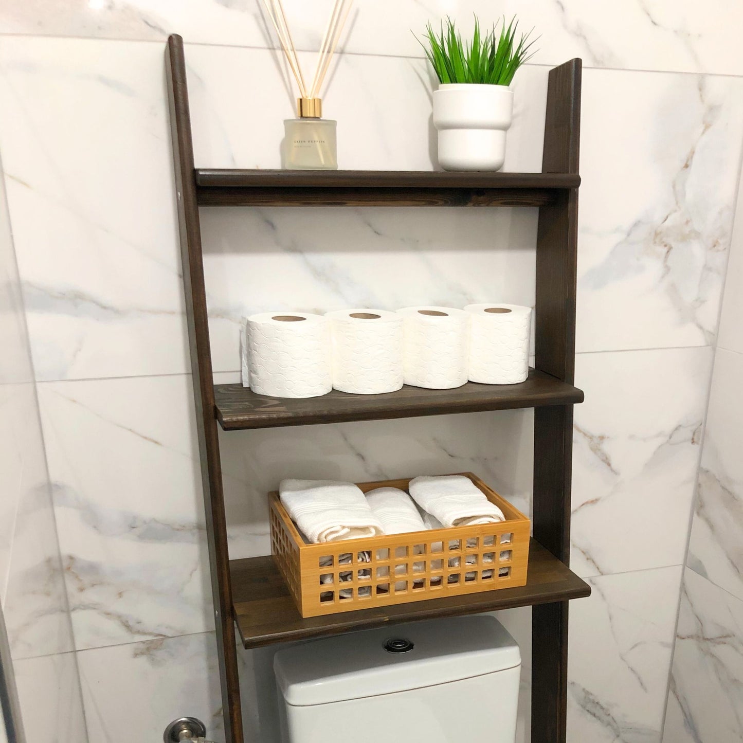 Solid Wood Over the Toilet Ladder Shelf