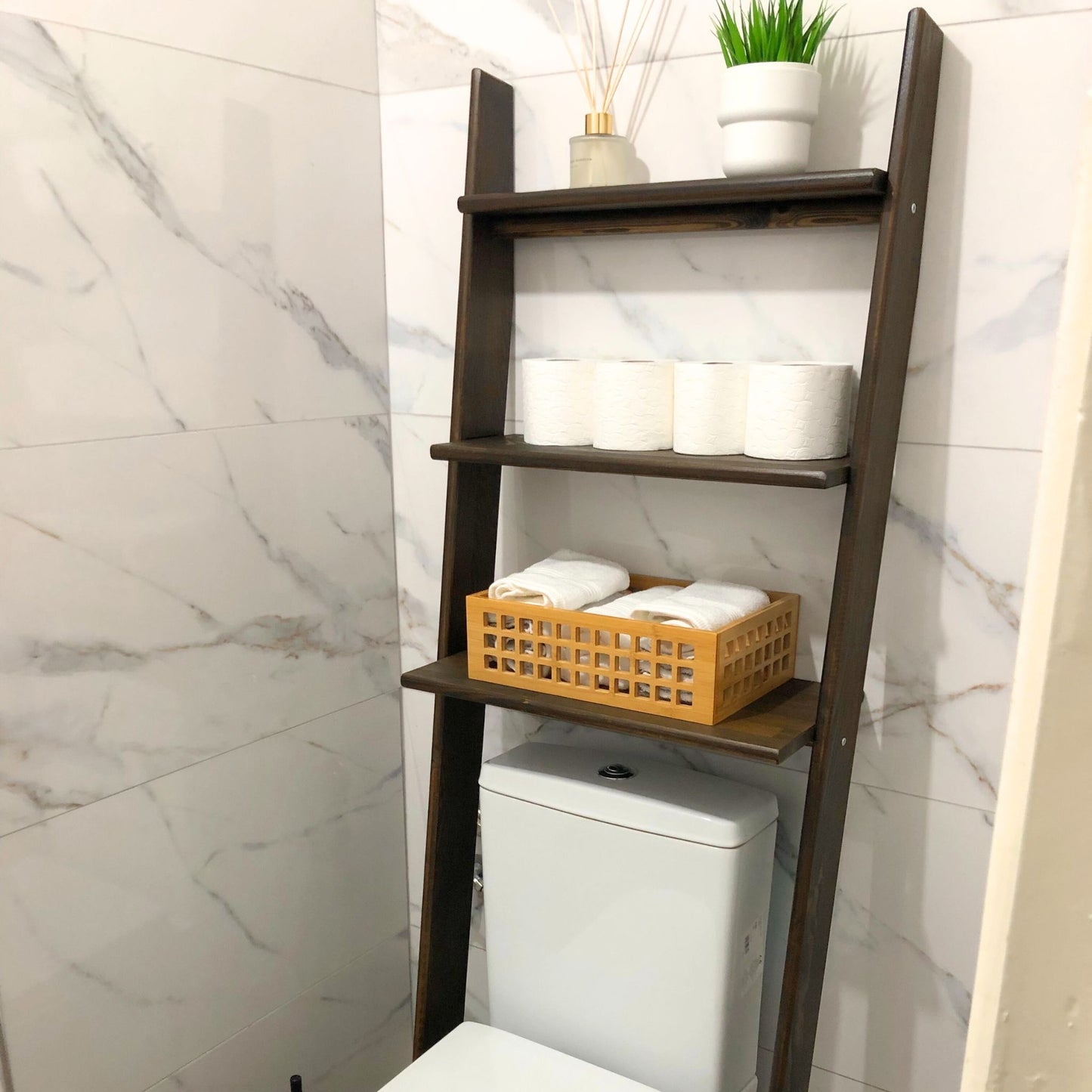 Solid Wood Over the Toilet Ladder Shelf