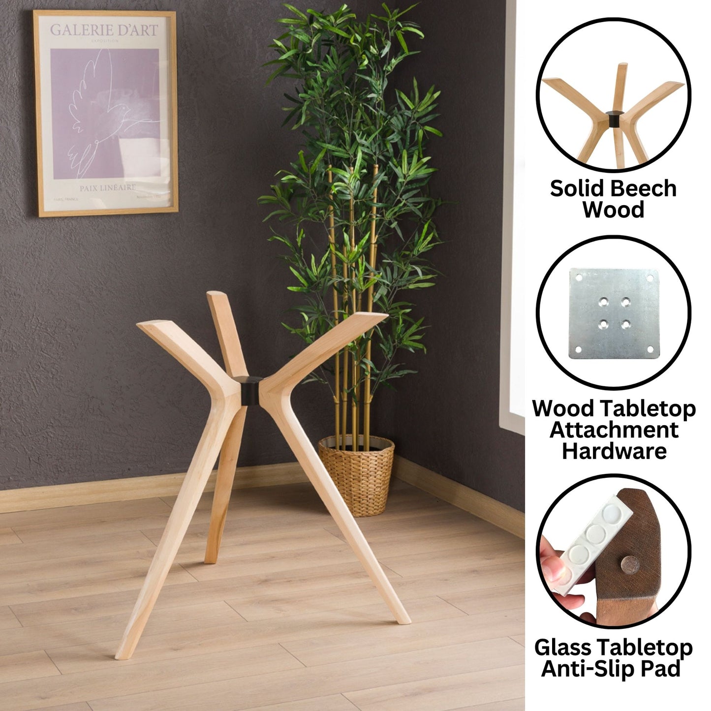 Solid Wood Counter-Height Round Table Base – 3 Legs