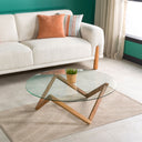 Round Glass Coffee Table with Solid Wood Prismatic Legs