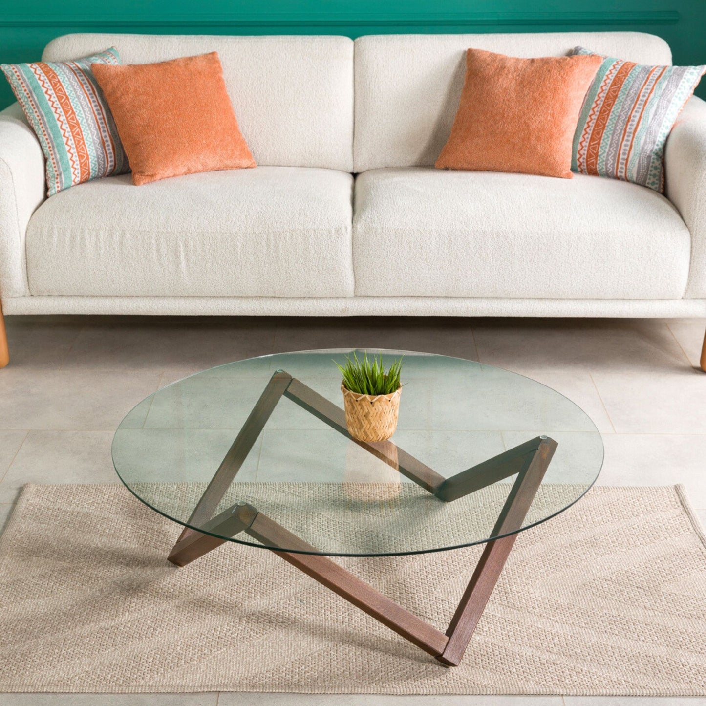 Round Glass Coffee Table with Solid Wood Prismatic Legs