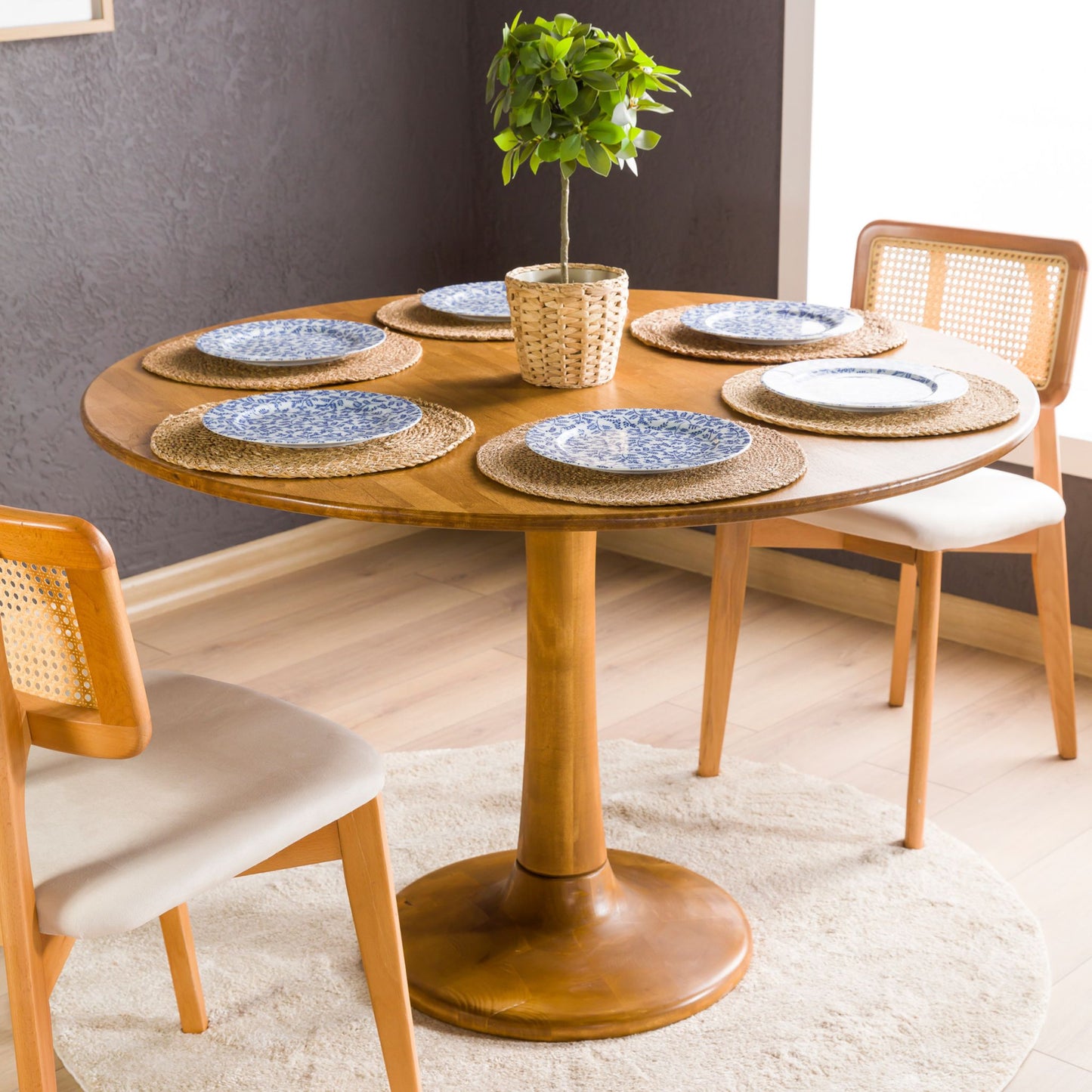 Solid Oak Round Dining Table with Wooden Tulip Legs