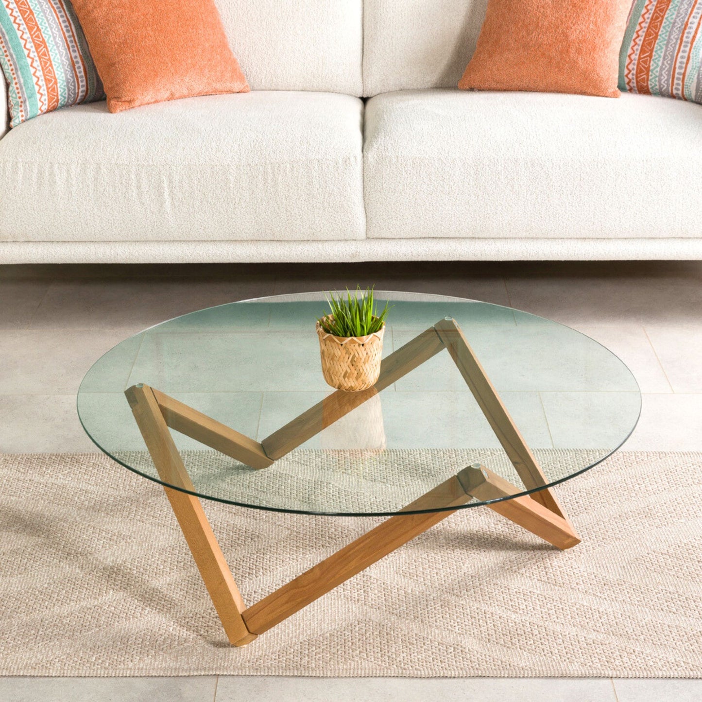 Round Glass Coffee Table with Solid Wood Prismatic Legs