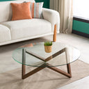Round Glass Coffee Table with Solid Wood Prismatic Legs