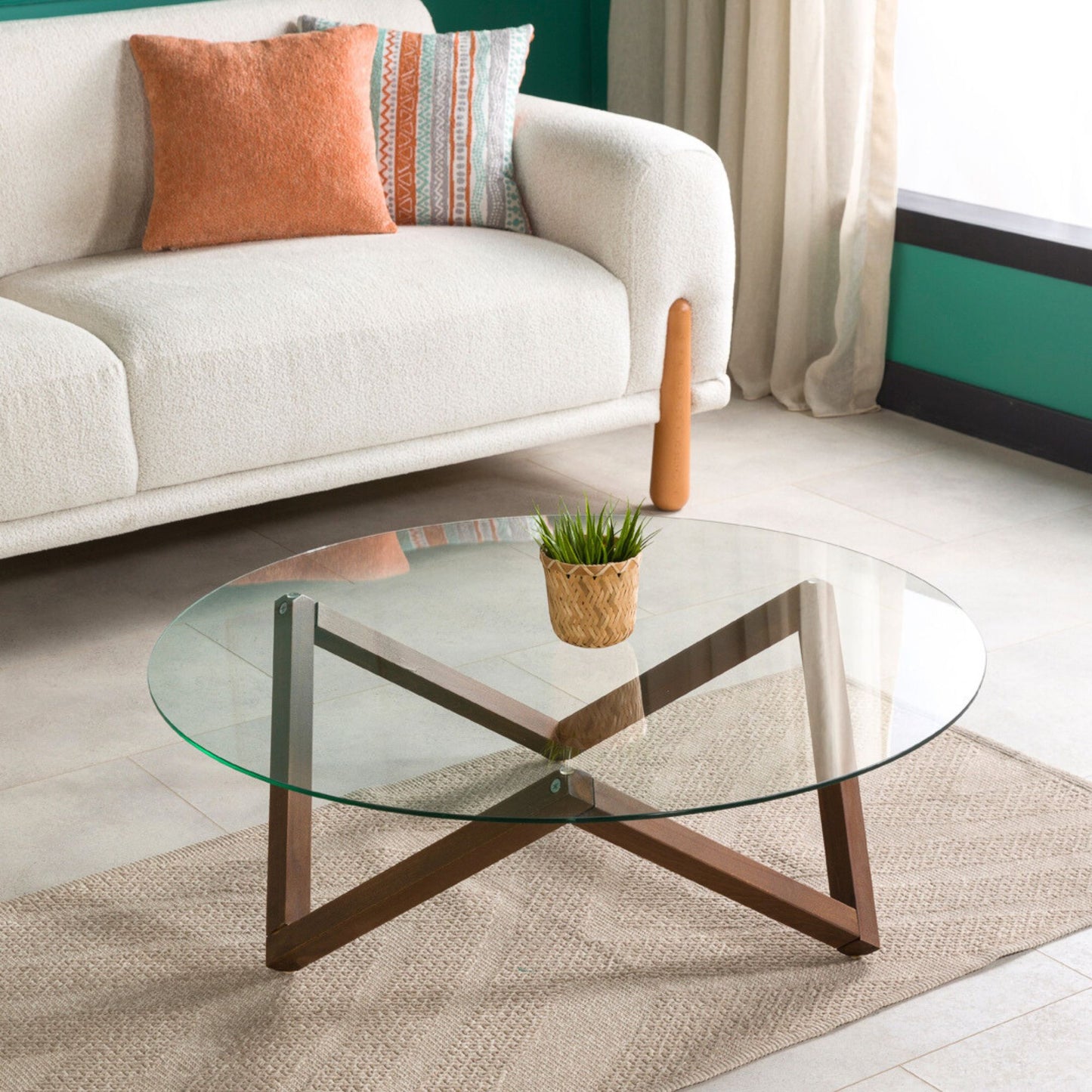 Round Glass Coffee Table with Solid Wood Prismatic Legs