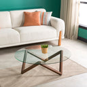 Round Glass Coffee Table with Solid Wood Prismatic Legs