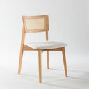 rattan back dining chair, solid wood dining chair with upholstered seat 
