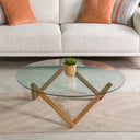 Round Glass Coffee Table with Solid Wood Prismatic Legs