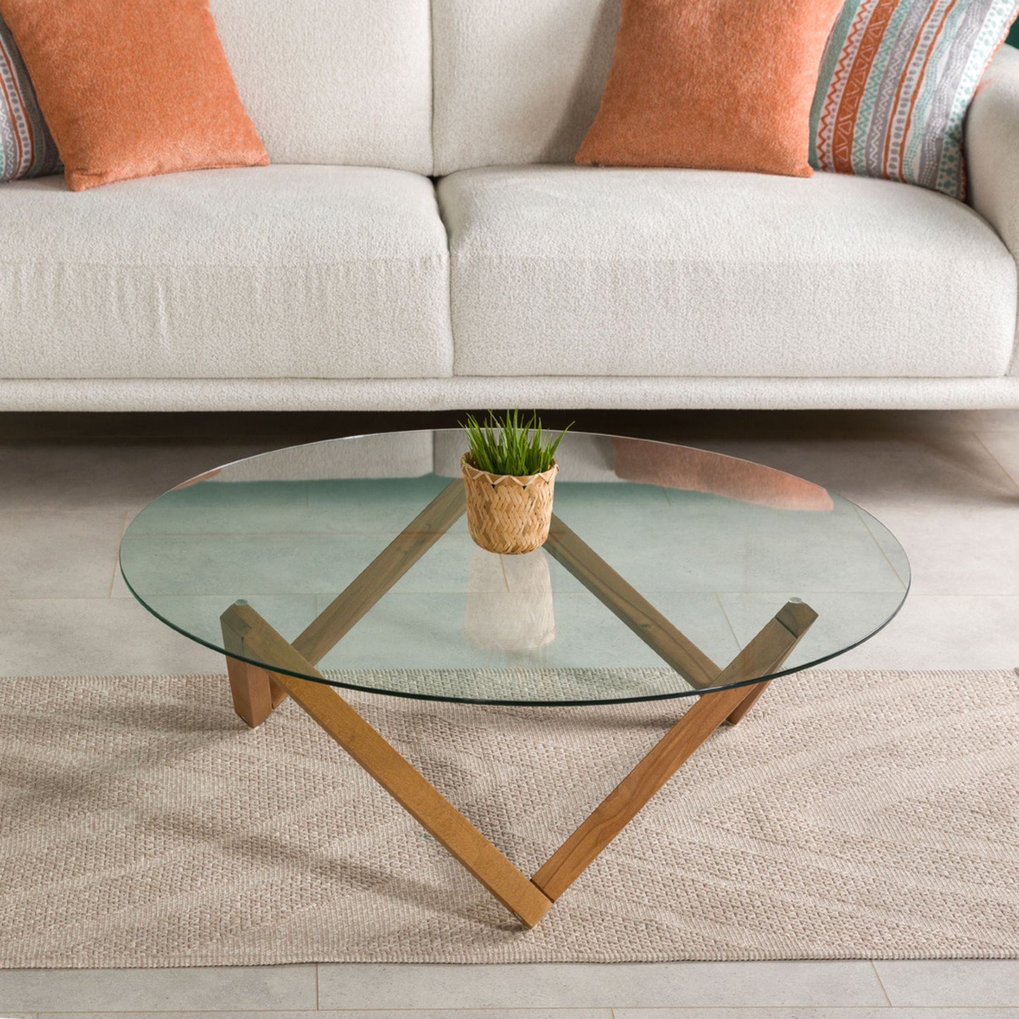 Round Glass Coffee Table with Solid Wood Prismatic Legs