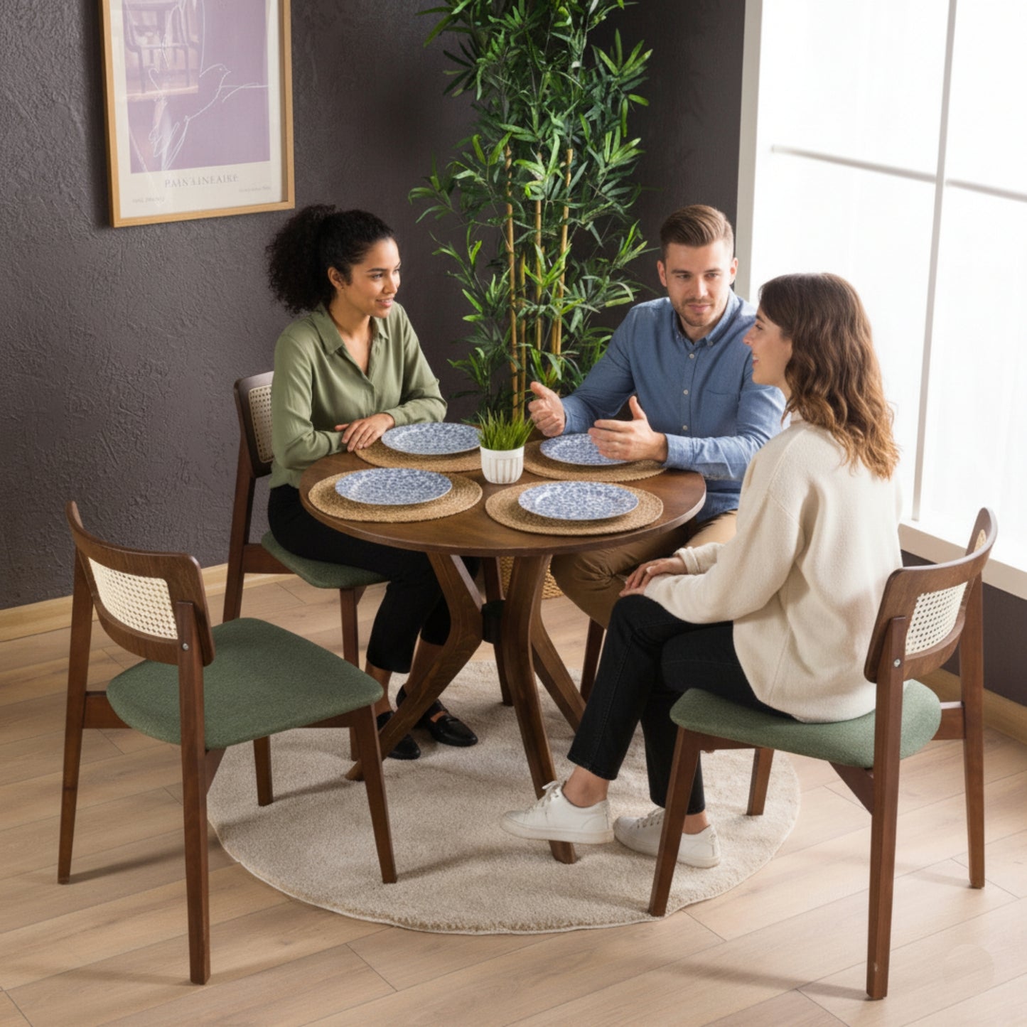 Rexa Solid Oak Round Dining Table Set – 2 to 6 Seater Options (Walnut Color)