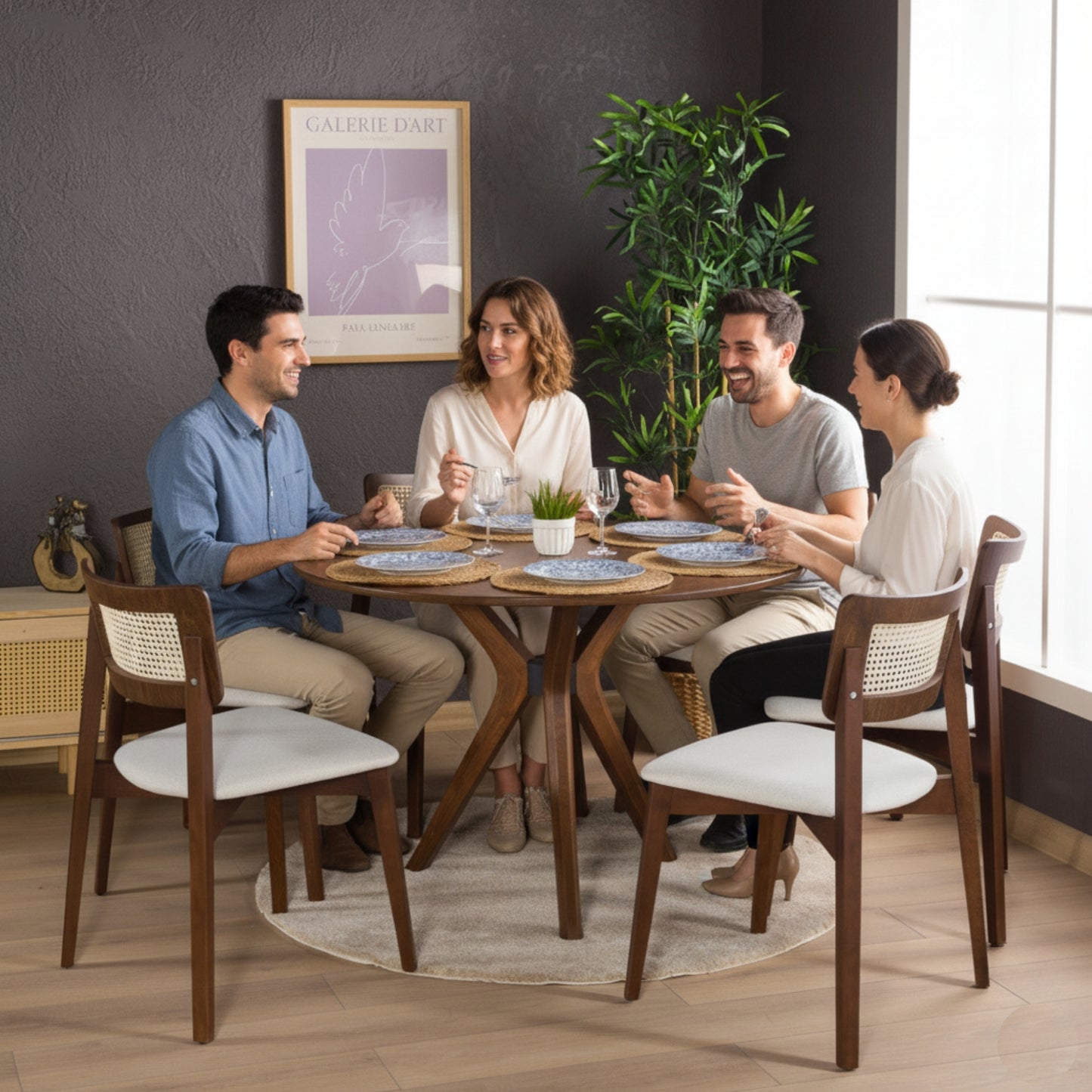Rexa Solid Oak Round Dining Table Set – 2 to 6 Seater Options (Walnut Color)