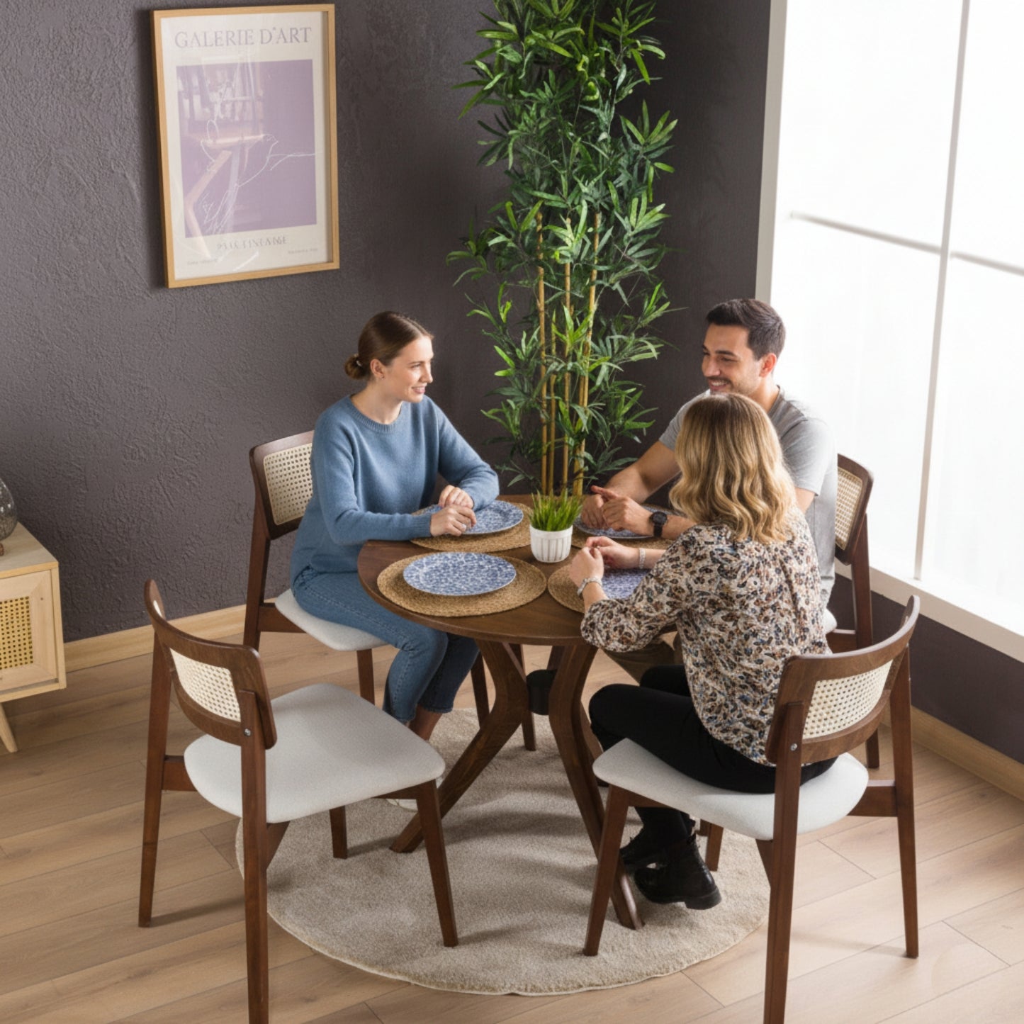 Rexa Solid Oak Round Dining Table Set – 2 to 6 Seater Options (Walnut Color)
