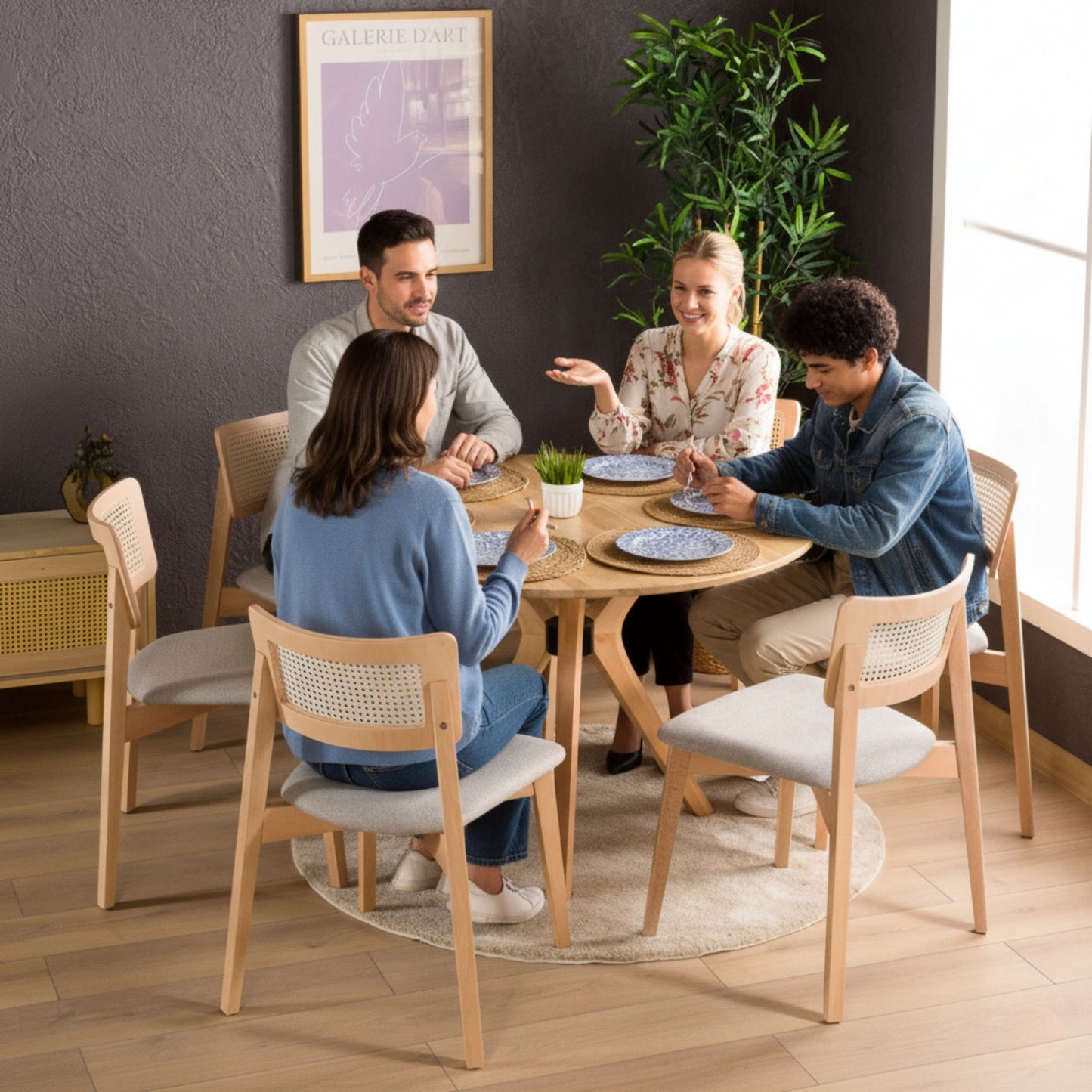 Rexa Solid Oak Round Dining Table Set – 2 to 6 Seater Options (Natural Color)