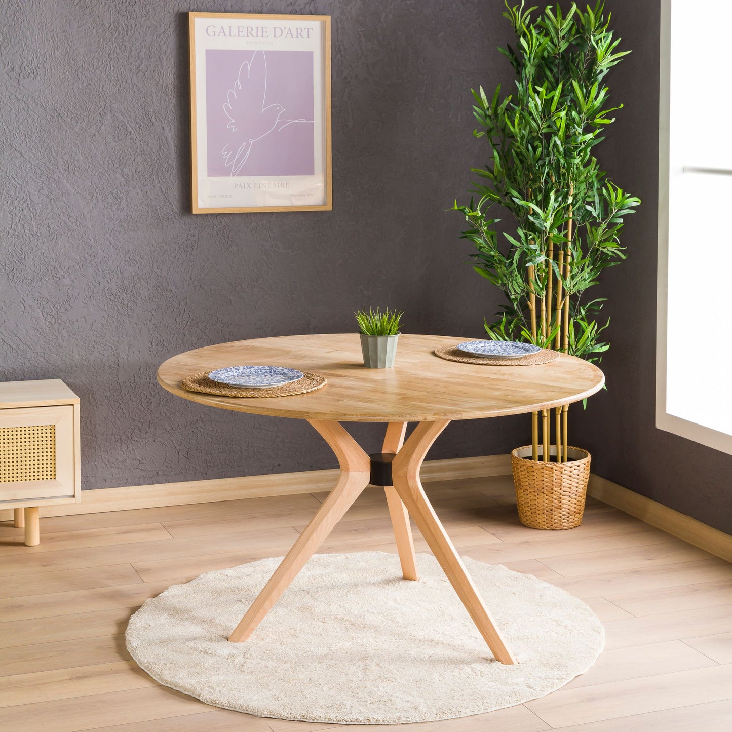 Solid Oak Round Dining Table with Wooden Butterfly Legs