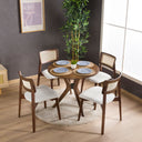 walnut round dining table set, dark wood dining table with rattan chairs 