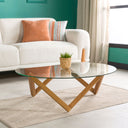 Round Glass Coffee Table with Solid Wood Prismatic Legs