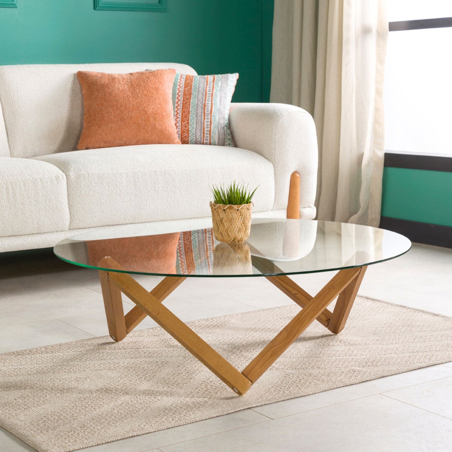 Round Glass Coffee Table with Solid Wood Prismatic Legs